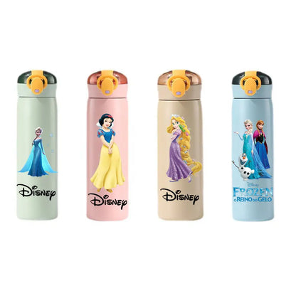 Disney Princess 460ml Thermal Cup Bouncing Frozen Elsa Children's Straw Cup Spots Portable Stainless Steel Bottle Little Mermaid