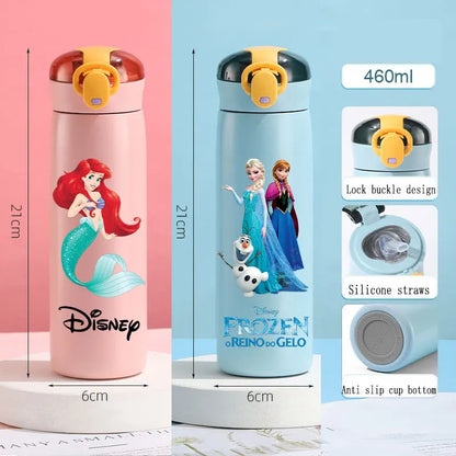 Disney Princess 460ml Thermal Cup Bouncing Frozen Elsa Children's Straw Cup Spots Portable Stainless Steel Bottle Little Mermaid