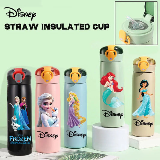 Disney Princess 460ml Thermal Cup Bouncing Frozen Elsa Children's Straw Cup Spots Portable Stainless Steel Bottle Little Mermaid